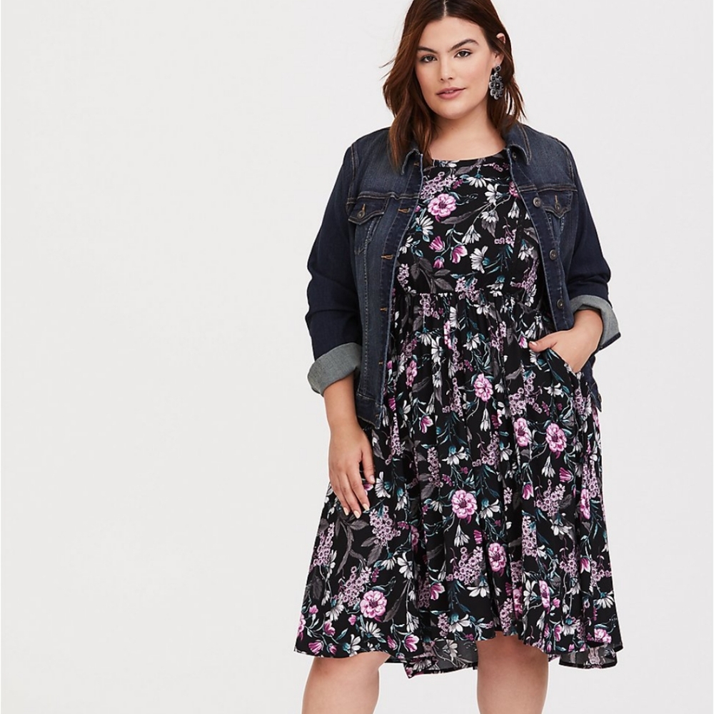 Black Floral High Neck Challis Dress